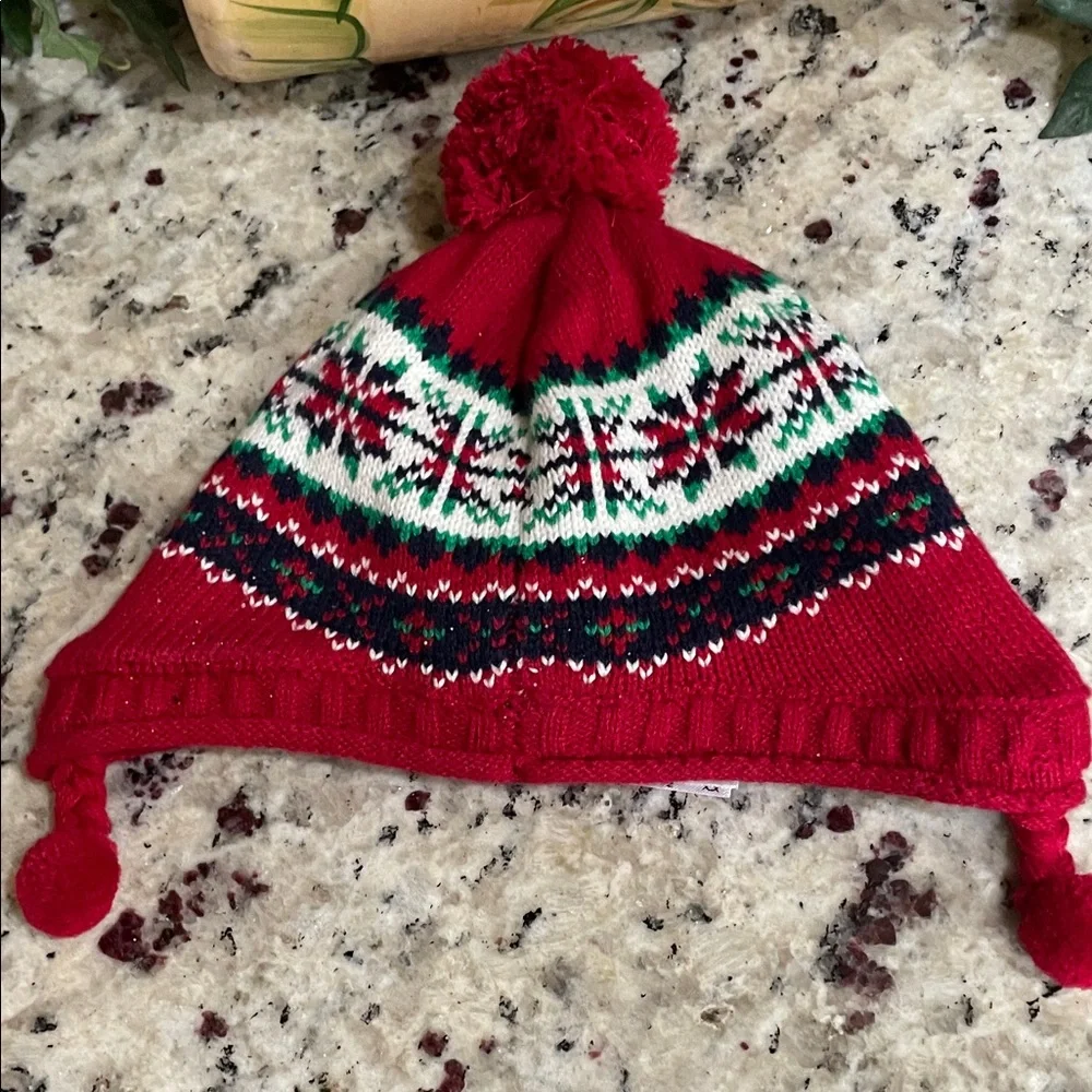 Festive Red Hand Knitted Pom-Pom Hat for Kids w ear flaps /New Fair Isle Beanie
